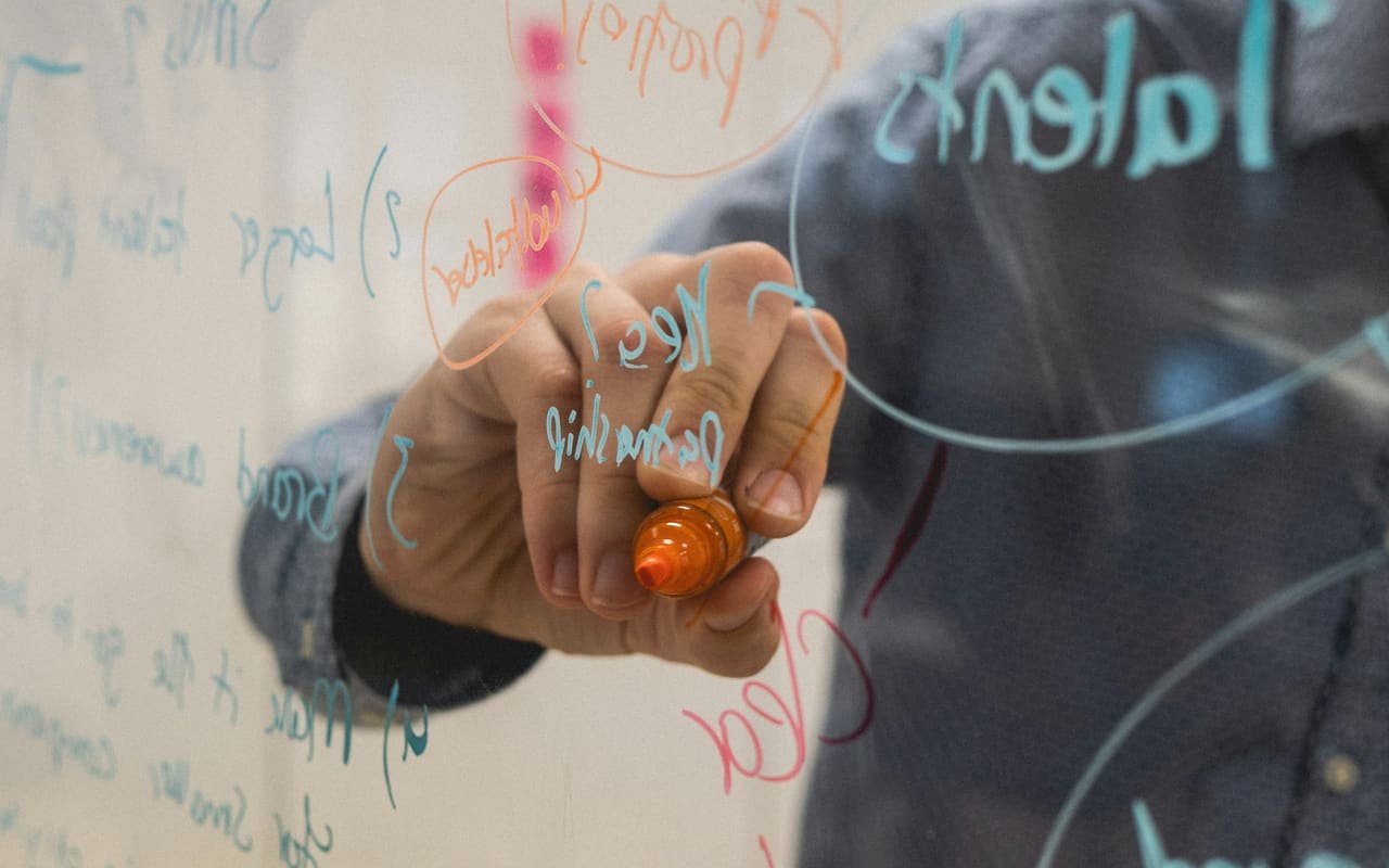 Business strategy workshop with participants at a whiteboard